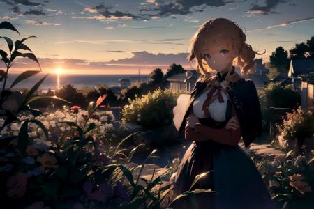 best quality, masterpiece, extremely detailed, 1girl, (solo:1.2), yellow hair, blue eyes, wavy hair, fluffy hair, ponytail, french braid, blush, smile, capelet, lace trim, bodice, sunset, dusk, scenery, high place, horizon, wind, wind blow, flowerbed, looking at viewer, hands together