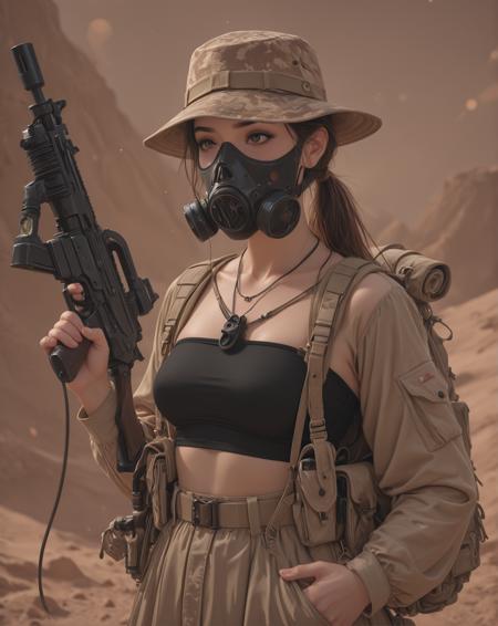 Upper body photo. 1girl walkng through the desert. (Wearing a black spandex tube top, long skirt with cargo pockets, military desert camoflauge boonie hat, and gas mask:1.2). Backpack straped to her back. Carrying a gun. Lots of straps and belts holding pistol, flashlight and canteen strapped to her body. Professional photo. Highly detailed beautiful expressive eyes. Detailed clean soft delicate face. Sunny Day. 35mm photograph, film, bokeh, professional, highly detailed dynamic lighting, photorealistic, 8k, raw, rich, intricate details, realistic, realism.