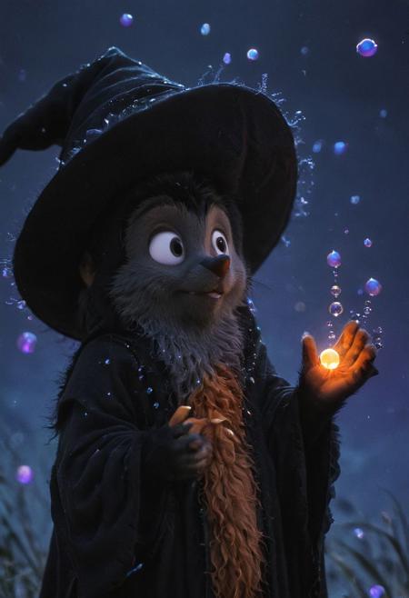 Closeup portrait. face closeup, 3d depth of field Simulation, closeup portrait of an fluffy high detailed furry oriental little mole hkmagic black wizard with pointy hat at night, waving arm, blue/purple translucent bubbles floating around, high collar translucent Night gown, orange glowing translucent, oriental desert themed city, realistic, depth of lenticular, dramatic, bold lines async, deep blacks, illuminated from behind, holy Aura, Long dense grown river