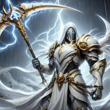 an anime image of a fantasy game paladin wielding a scythe made of thunder and lightning, wearing white armor, 8K, HD, amazing quality, raining in background, HD, masterpiece, best quality, hyper detailed, ultra detailed,