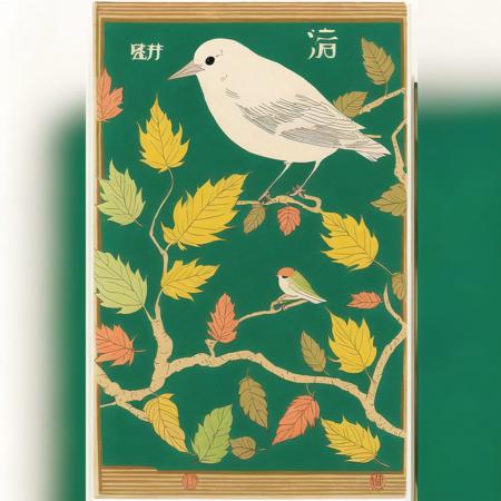 <lora:oldjapcover:1>, oldjapcover,  book cover, poster, drawing, 
a book with a bird on it with writing on it and a picture of a bird with leaves on it