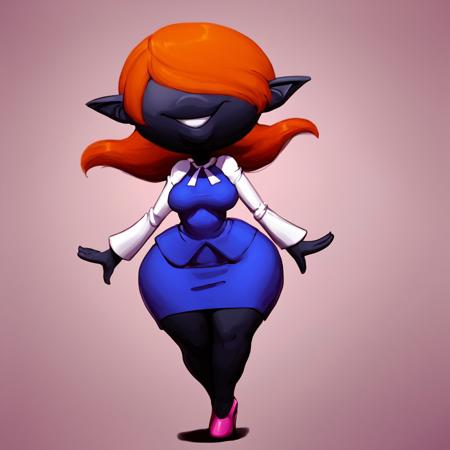 chatalie, black skin, orange hair, hair covering eyes, no eyes, no nose, plump lips, lips, pointy ears, big head, small waist, breasts, wide hips, shortstack,  chatalie dress, blue shirt, white sleeves, long sleeves, pencil skirt, blue skirt, miniskirt, pink high heels,  ponytail, yellow shirt, short sleeves, midriff, blue shorts,  blue crop top, sleeveless, white pants, capri pants,  ponytail, white shirt, short sleeves, midriff, pink pajamas, polka dot pajama pants, 