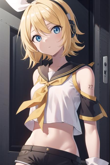 kagaminerin, <lora:rinkagaminetest:1>,
rin kagamine, blonde hair, blue eyes, hair bow, headset, short hair, headphones,
BREAK bare shoulders, belt, black sailor collar, black shorts, bow, crop top, detached sleeves, grey legwear, grey shorts, grey sleeves, hair bow, leg warmers, neckerchief, sailor collar, school uniform, shirt, short shorts, short sleeves, shorts, white bow, white footwear, white shirt, yellow neckerchief,
BREAK looking at viewer,
BREAK indoors, classroom,
BREAK <lora:GoodHands-vanilla:1>, (masterpiece:1.2), best quality, high resolution, unity 8k wallpaper, (illustration:0.8), (beautiful detailed eyes:1.6), extremely detailed face, perfect lighting, extremely detailed CG, (perfect hands, perfect anatomy),