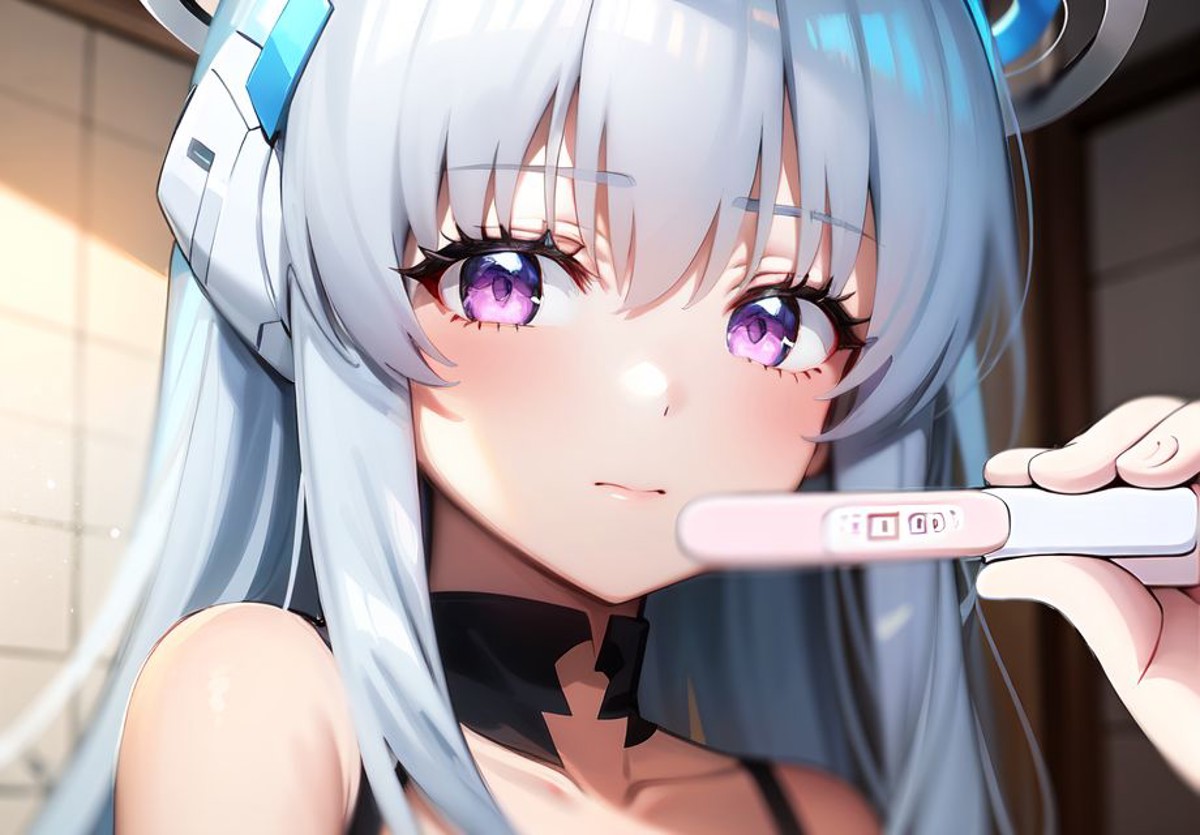 ((pregnancy test)), 1girl, solo, white hair, purple eyes, upper body halo, long hair, looking at viewer, pov, portrait,
