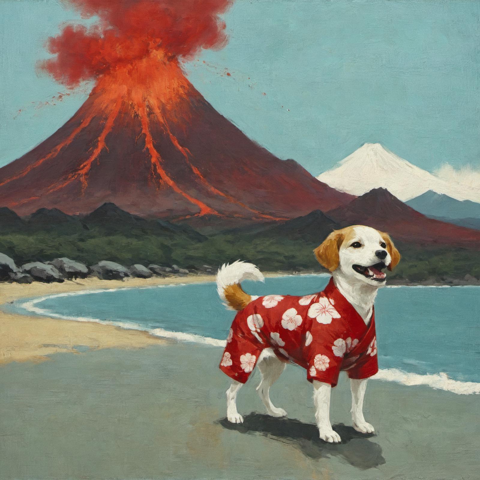 A dog wearing a red and white Hawaiian shirt stands on a beach.