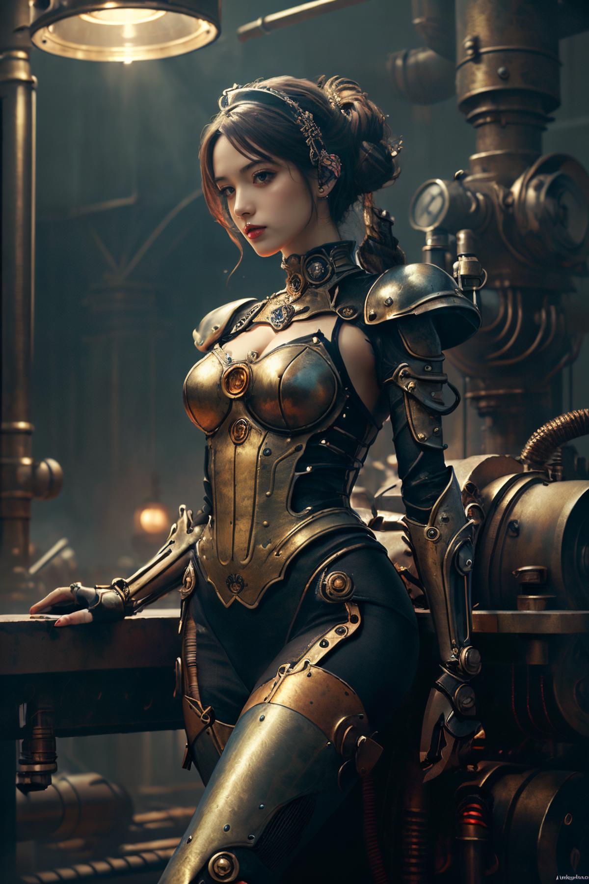 A woman wearing a gold metal corset and black pants, posing by a machine.