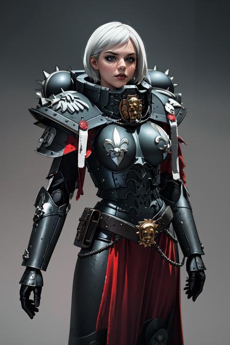 ((Masterpiece, best quality,edgQuality)),solo,1girl,
edgAdepta, short hair, white hair, gauntlets, spikes,wearing edgAdepta,power armor,shoulder armor,skull emblem
 <lora:edgWar40KAdeptaSororitas:1>