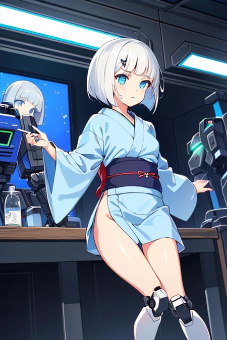 (sfw), intricate details, (bright neon colors), detailed background, daylight, indoors, 1girl, (petite, (expressionless cute face, bright glowing blue eyes), (human torso, petite perky breasts, yukata, robotic arms, robotic legs), (white hair, bob cut)), dynamic angle