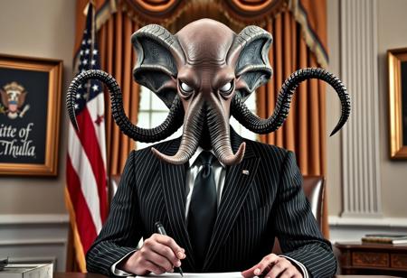 president cthulu in a sharp pin striped suit posing for presidential portrait in the oval office, real photograph, signing bill, empty eyes, lovecraftian, vote for cthulu