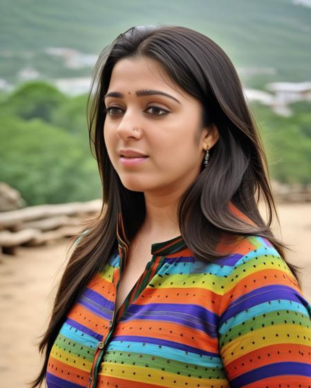 ultrarealistic full body photo of a 30-year-old charmi kaur, colorful modest high neck western wear, Tearful eyes of sentiment, Dolly zoom camera angle, perfect eyes, looking at camera, film grain, day time at wooden bridge, beautiful bokeh < <lora:Charmi_Kaur_SDXL_LoRA:1>