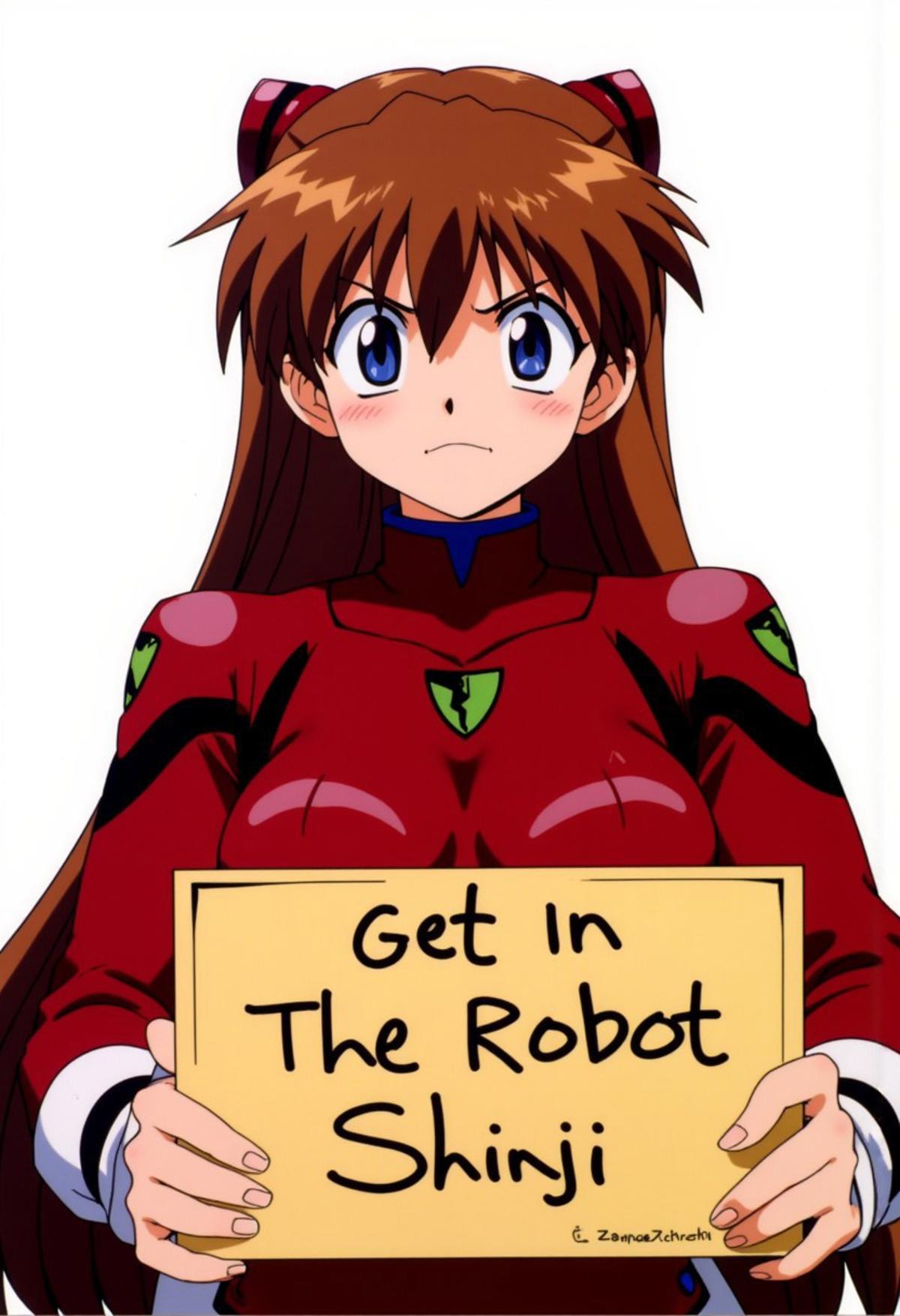 zankuro, medium breasts, 1girl, 
asuka langley soryu, long hair, bangs, blue eyes, brown hair, hair ornament, bodysuit, pilot suit, plugsuit, red bodysuit, interface headset, 
holding sign that says "Get In The Robot Shinji"
from below, upper body, angry, frown