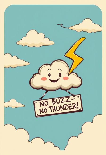 Vintage retro cartoon poster design, A cloud in the sky, holding a lightning bolt and a sign: “No BUZZ – No Thunder!”