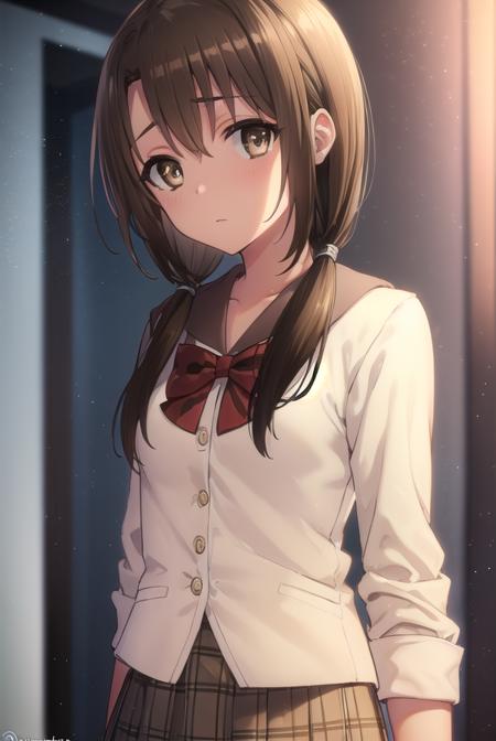 taeko hiramatsu, brown hair, twintails, (brown eyes:1.5), hair over shoulders, skirt, bow, school uniform, serafuku, plaid, red bow, brown skirt,