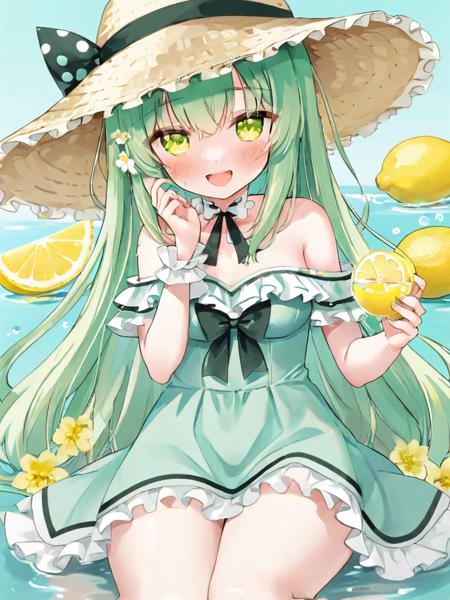 1girl, solo, hat, white flower, flower, long hair, lemon, holding, very long hair, smile, fruit, hair between eyes, dress, bangs, wrist cuffs, bare shoulders, lemon slice, :d, bow, green eyes, looking at viewer, white dress, food, sitting, water, blush, feet out of frame, knees up, polka dot, holding cup, open mouth, cup, frills, off shoulder, choker, green hair, hat bow, thigh strap, brown headwear, straw hat, collarbone, sun hat, nail polish, hat flower, off-shoulder dress, ice cube, frilled dress, black choker, yellow eyes