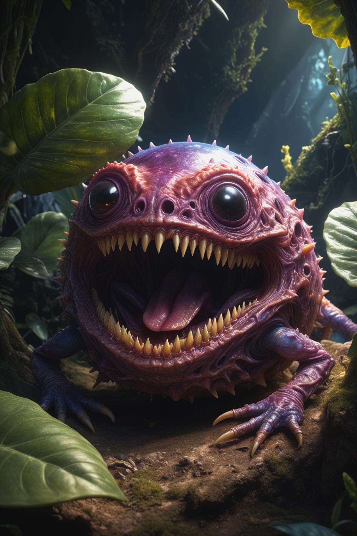 A purple creature with big teeth and sharp claws in a jungle environment.