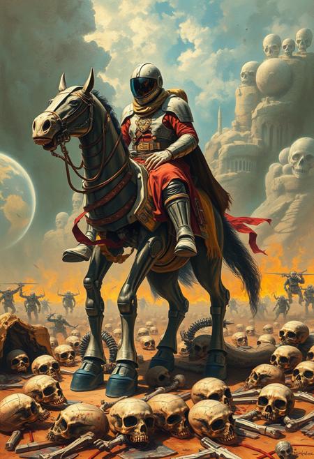 Retro Scifi style. A painting depicting a Spaceman, visor of his helmet is transparent, riding a robotic horse, in a chaotic, apocalyptic scene. The warrior, a towering, imposing figure, stands with his feet planted firmly on a battlefield littered with alien skulls and bones.