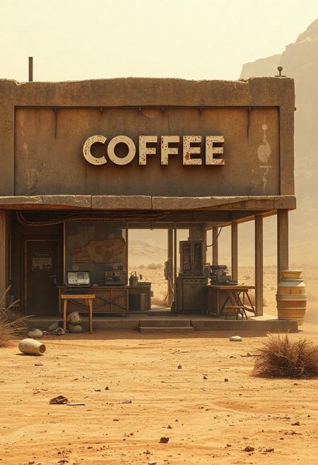An outside view of a futuristic abandoned, partially destroyed lonely coffee shop, post apocalyptic barren planet, dry and dusty, parched surface, hot windy atmosphere, dust blowing