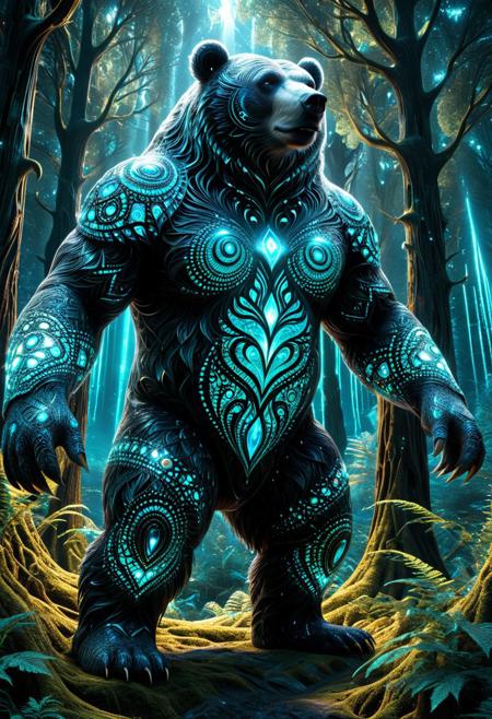 massive bear creature, covered in glowing fractal patterns, fur made of geometric crystal shapes, bioluminescent vines wrapped around its body, ancient forest background, mystical aura, powerful and majestic stance, surreal creature design, cinematic lighting, ultra-detailed fur texture, fantasy creature concept art, glowing eyes, 8k resolution, epic atmosphere, god-like presence, fractangles