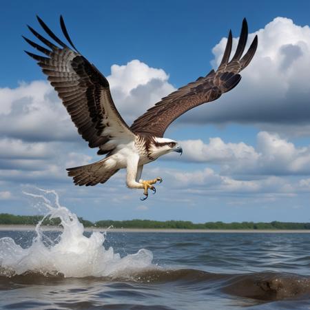 osprey eagle in flight rushing into the sea, blue sky background with cumulo-nimbus cloud, photography very realist