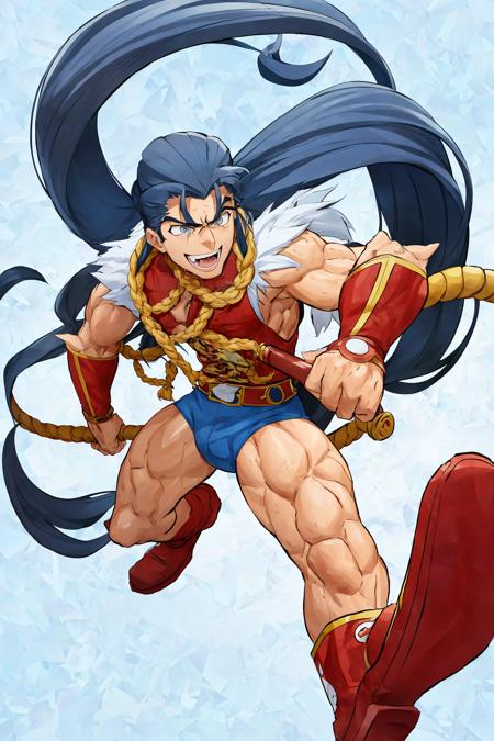 cartoon, man with ridiculously long hair, action pose, intricate,