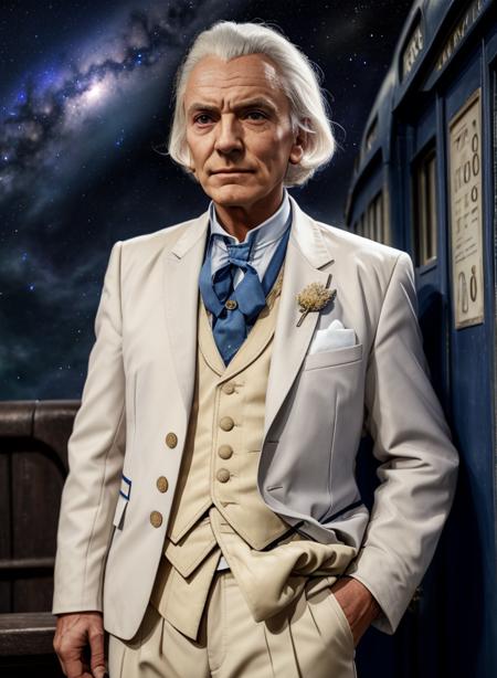 w1llhar1, solo, looking at viewer, shirt, 1boy, closed mouth, jacket, upper body, white hair, male focus, sky, parody, formal, suit, star (sky), realistic, space, old, old man, train, wrinkled skin