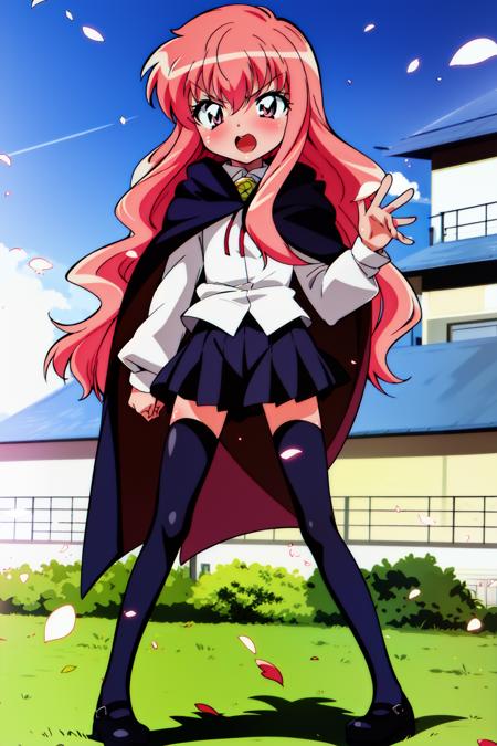 louise zero default, louise francoise le blanc de la valliere, <lora:Louise Zero_v0.2:1>, 1girl, solo, standing, black thighhighs, pink hair, pentacle, petals, long hair, pink eyes, cape, mary janes, shoes, zettai ryouiki