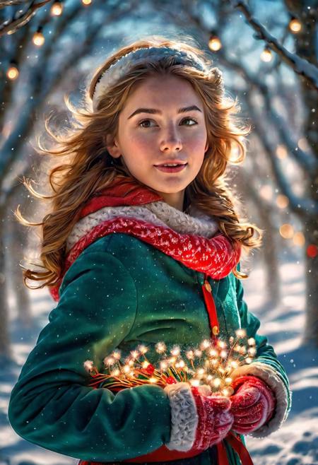 Close-up, 8k, hdr, rgb, portrait, "A girl stands in a snowy park surrounded by winter trees. In her hands she holds a Christmas garland decorated with bright lights. Fresh snow lies around her, and snow-capped mountains can be seen in the distance. Shining brightly in the sky stars, and the air is filled with a magical atmospheric light. The whole scene creates a feeling of warmth, comfort and the holiday of Christmas."
The interplay of light and shadow through this flowing effect and volume creates a mesmerizing, beautifully creative gothic music.
Giovanni Boldini, Bastien Lecouf-Degarme, Carn Griffiths, E. Abramzon, Raphael, Caravaggio, Coby Whitmore, Titian, Leonardo da Vinci,