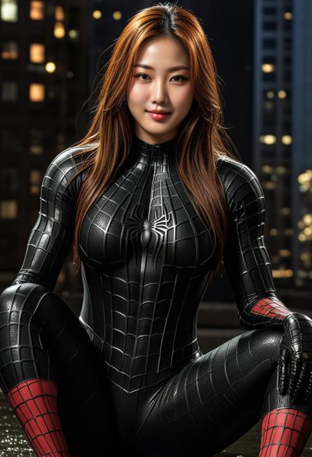 score_9, score_8_up, score_7_up, best quality, realistic, masterpiece, beautiful detail, hyperrealistic, night, ((1girl, woman body, big breasts)), amazing detailed full body portrait of a sexy korean girl, wearing a realistic and highly detailed black raimi spider-man suit, ((huge muscular girl)), professional model wears ultra - detailed black raimi spider - man suit, ultra - detailed and grained black raimi spiderman suit, suit covered entire body and hand, black spiderman gloves, wet, (sitting, smile), (full body), (dirty skin), octane render, highly detailed, volumetric, dramatic lighting, (highest quality:1.1), (HDR:1.3), (top quality, best quality), realistic, high definition,