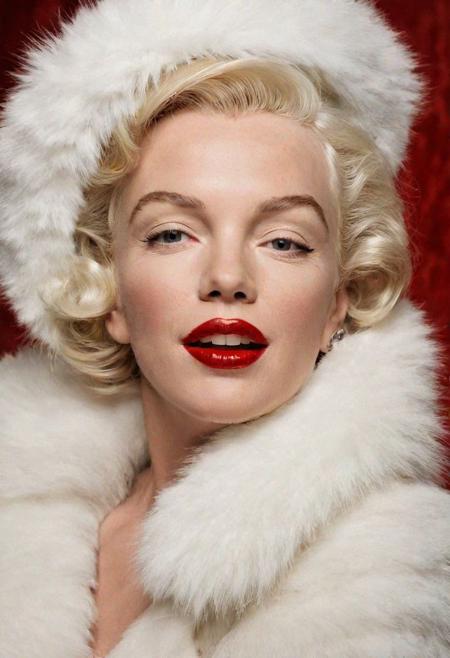 marilynmonroe <lora:marilynmonroe:0.6>, Best quality, masterpiece, ultra high res, (photorealistic:1.4), 1girl, a woman with a red lipstick and a white fur coat on her head and a velvet background