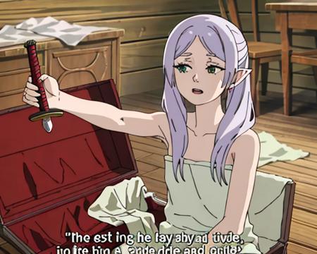 masterpiece, best quality,  <lora:FrierenHoldingObjectV1-000150:1.0>, FHO, holding sword, 1girl, solo, white hair, english text, subtitled, open mouth, towel, indoors, naked towel, wooden floor, bare arms, sitting