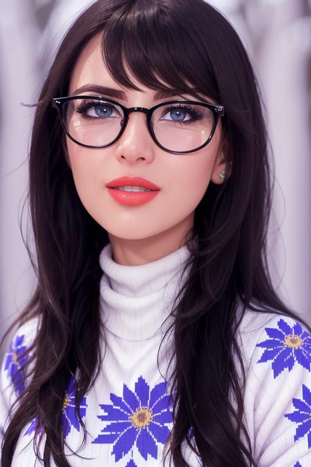 photo of <lora:sniperwolf-09:0.7>, sniperwolf, a woman with ((pale skin, thick black glasses):1.2), ((closeup, portrait)),(beautiful skin, perfect skin), ((beautiful blue floral pattern colorful turtleneck sweater, forest, snow):1.2),((red lipstick, eyeliner, full makeup, eye shadow):1.2),((best quality, masterpiece, extreme details):1.2) ((detailed face, beautiful face, detailed eyes, beautiful eyes)),modelshoot style, (extremely detailed CG unity 8k wallpaper), photo of the most beautiful artwork in the world, , professional majestic (photography by Steve McCurry), 8k uhd, dslr, soft lighting, high quality, film grain, Fujifilm XT3 sharp focus, f 5.6, High Detail, Sharp focus, dramatic