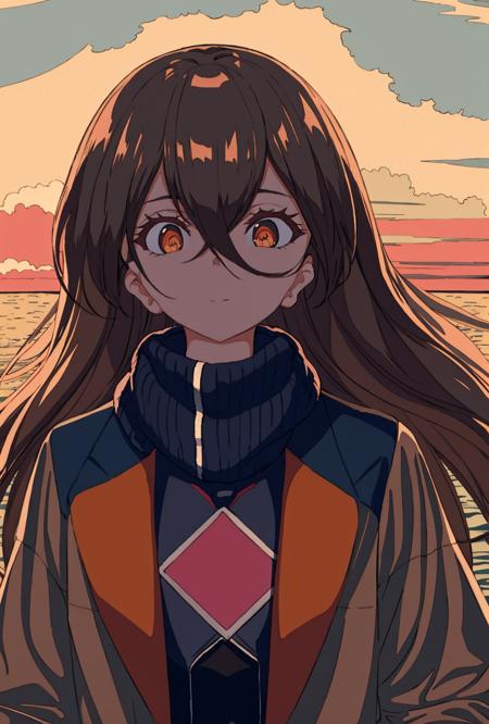 1girl, long hair, solo, jacket, hair between eyes, brown hair, cloud, orange eyes, upper body, looking at viewer, sky, shirt, brown jacket, blue shirt, long sleeves, cloudy sky, closed mouth, hand up, floating hair, open clothes <lora:焦茶6-000013_1 _baoliuhuafeng3:1>