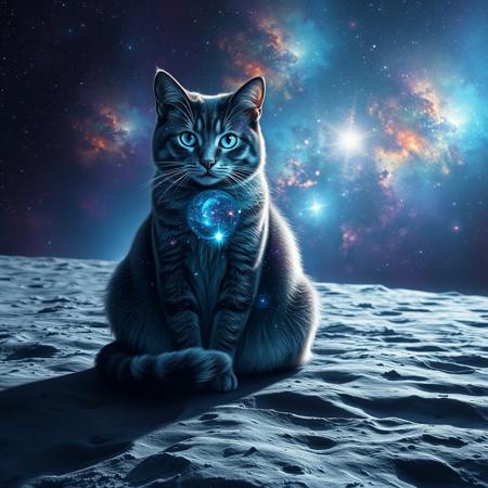 Create an image of a majestic, cosmic cat sitting on the lunar surface. The cat’s fur should shimmer with deep blues and purples, resembling the night sky, with stars subtly twinkling throughout its coat. Its eyes are vast galaxies, swirling with bright nebulae, stars, and cosmic dust. The lunar surface beneath the cat is detailed with craters and rocky textures, reflecting the light of a distant star. In the background, the cosmos is vibrant and alive, with colorful nebulae, distant galaxies, and clusters of stars filling the sky, creating a sense of infinite depth and wonder. The overall scene should feel otherworldly, mystical, and awe-inspiring.