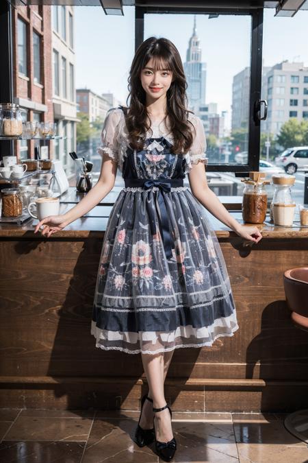 best quality, masterpiece, photorealistic, 1girl, solo, full body, standing, long black straight hair, blunt bangs, looking at viewer, smile, cyb dress, high heels, holding coffee, in cafe, indoors, shop, window, detailed background, <lora:beautiful_dress_collection_vol1_style1:0.7>