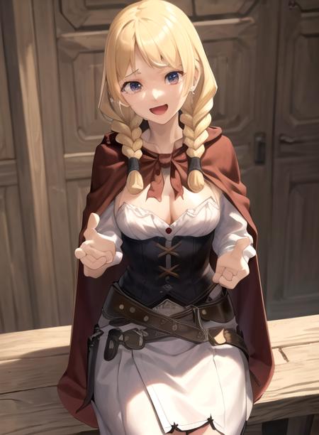 best quality, (masterpiece),(ultra-detailed), (high quality), (high resolution),   <lora:espellac-10:0.7>,1girl, :d, animal, belt, blonde hair, braid, breasts, cape, espella cantabella, hair over shoulder, long hair,, solo, tears, twin braids,