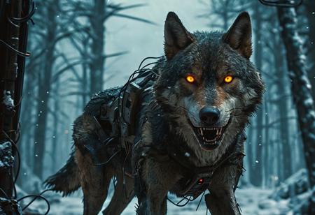 cyberpunk, distopic future, bladerunner 2049. very detailed and complex biomechanical wolf gazing at viewer, about to hunt, (night snow forest:1.5), intimidating big amber eyes, (hunt position:1.5), bioluminicense wires, hard edges, opaque gray color, dirty, rusty, fangs, (intricate details:1.5), (detailed paw:1.2), (growling:1.5). Scify, otherworld, bladerunner 2049. (POV, frontal, medium shot), (Camera canon eos r6 mark ii, len 35mm, f1.6). Cinematic, cinematic lighting, dimsy lit, volumetric light. High-quality, hyperdetailed, intricate details, realistic, perfect composition, intriguing glowing eyes, 8K, UHD, HDR. easynegative