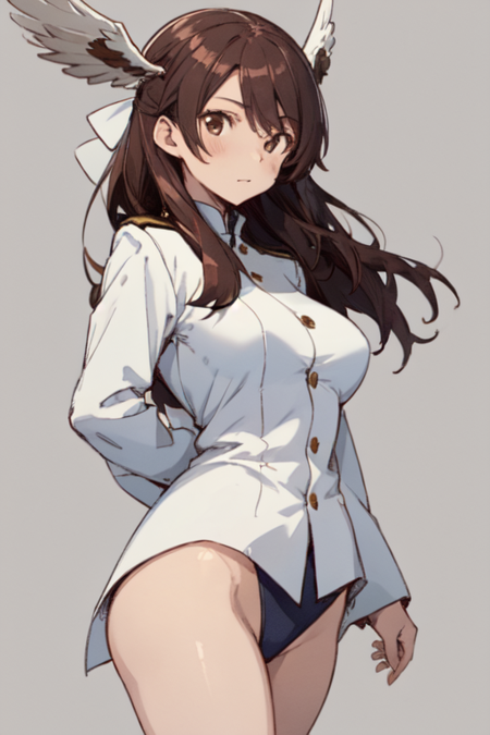 TakamiKaribuchi, 1girl, solo, long hair, brown hair, brown eyes, white military uniform, head wings, large breasts, one-piece swimsuit, swimsuit under clothes, 