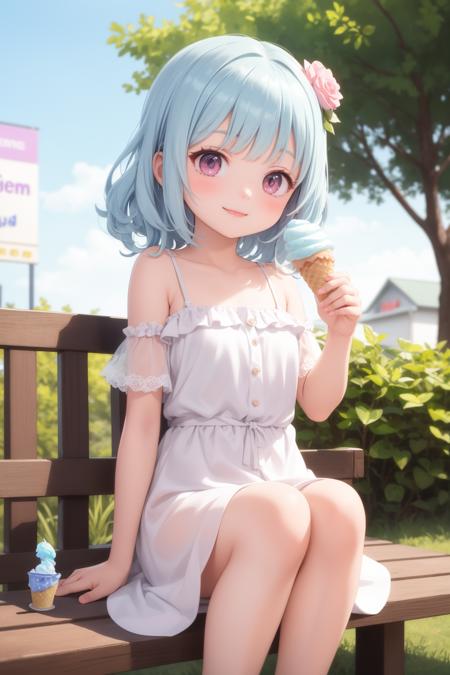 masterpiece, best quality, 1girl, light blue hair, wavy hair, smile, pink eyes, looking at viewer, casual dress, sitting, outdoors, holding ice cream cone