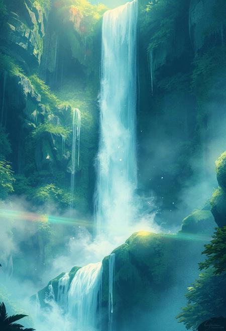 Vertical 9:16 cinematic anime scene, majestic waterfall cascading over ancient mossy cliffs, shimmering droplets catching sunlight, mist dancing in slow motion, rainbow faintly visible near the spray, lush jungle background, pastel emerald and aquamarine palette, ultra-detailed anime watercolor style, dreamlike and powerful.
Inspired by: Children Who Chase Lost Voices