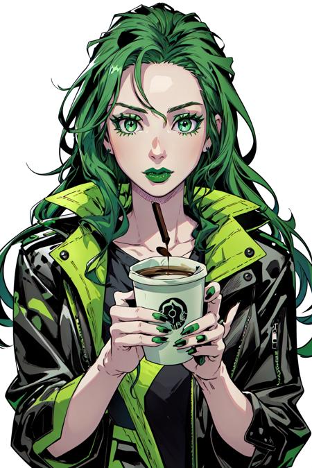 Lorna Dane,  Polaris,  1girl,  solo,  green eyes,  green hair,  long hair,  looking at viewer,  white background,  holding,  jacket,  cup,  makeup,  lipstick,  black nails,  holding cup,  disposable cup,  animification,  green nails,  coffee cup,  black lips, specular highlights,  extremely detailed,  best art,  official art,  masterpeice, <lora:EMS-51654-EMS:0.800000>