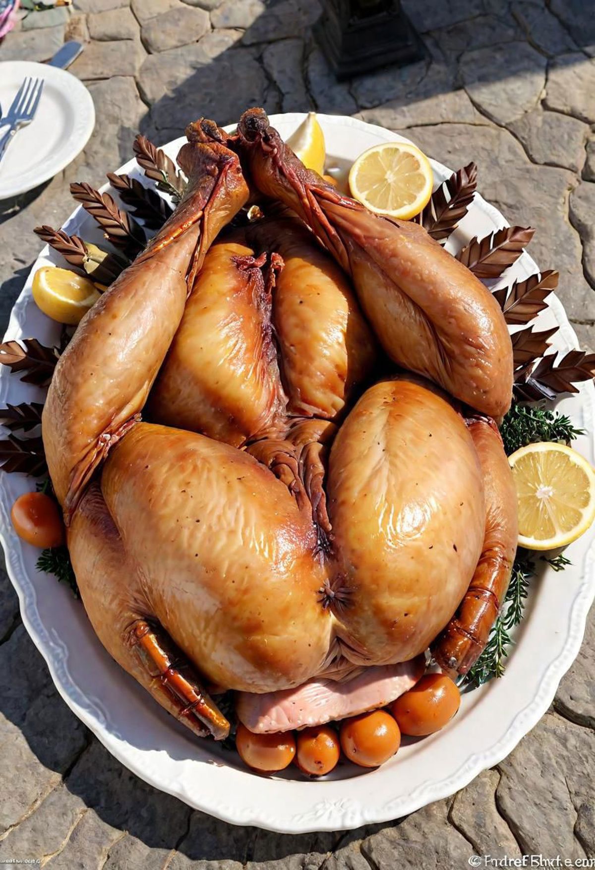 A large roasted turkey with a lemon slice on top of it, sitting on a white plate.