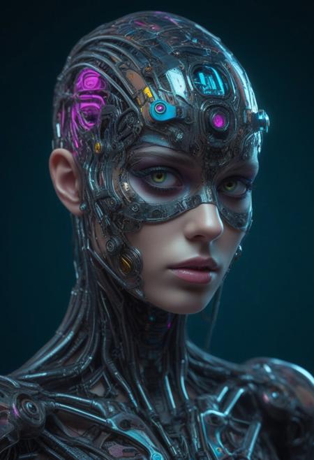 biomechanical girl with a cyberpunk appearance with metal pieces on her face and body, with a glass appearance and very vivid neon-type colors, deep gaze, very stylized and feminine, big eyes, no hair