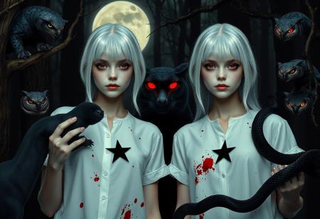 In a moonlit forest clearing, two young women in their early twenties stand eerily still. Their silver-white hair and ghostly pale skin gleam in the pale moonlight. Both are dressed in white blouses, stained with dark red splatters, creating a stark and unsettling contrast against their spectral skin. On their chests, simple black five-pointed stars add a chilling detail. Their eyes, glowing with a faint yet disturbing crimson light, cut through the darkness with an eerie intensity.
Encircling the two girls are twelve wild animals, creating a surreal and tense atmosphere. A black panther, its sleek fur blending into the night, crouches nearby, its eyes reflecting an ominous red. Two owls, perched on shadowy branches, blink their glowing crimson eyes slowly, observing the scene with an unnerving calm. A large snake, its blue-black iridescent scales shimmering subtly, coils around a twisted branch, its gaze menacing.
The focus is on the two girls, each holding a worn cardboard sign that reads, ‘We Come in Peace,’ scrawled in crude, black marker. The signs, though out of place, stand out starkly against the dark backdrop. The forest floor is illuminated only by the moon’s pale light, casting long, shifting shadows that enhance the scene’s haunting and surreal quality