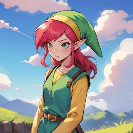 upper body, sky, clouds, <lora:link(shounen-captain)-10:1> link \(shounen captain\), the legend of zelda, nintendo, genderswap, genderswap \(mtf\), link, pointy ears, pink hair, green hat, green tunic, long sleeves,