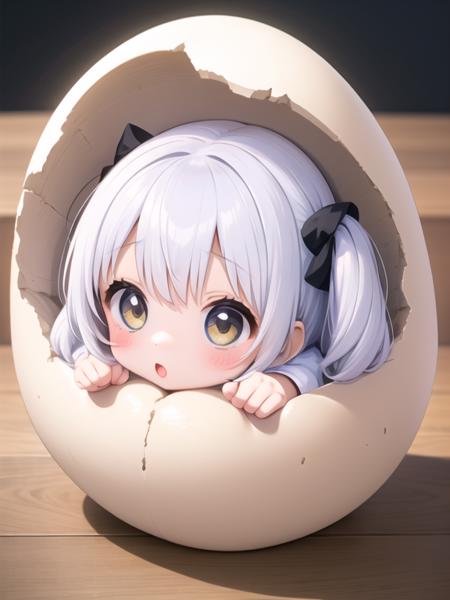 a little girl, 2 head body, chibi, giant cracked egg, head is sticking out of giant egg