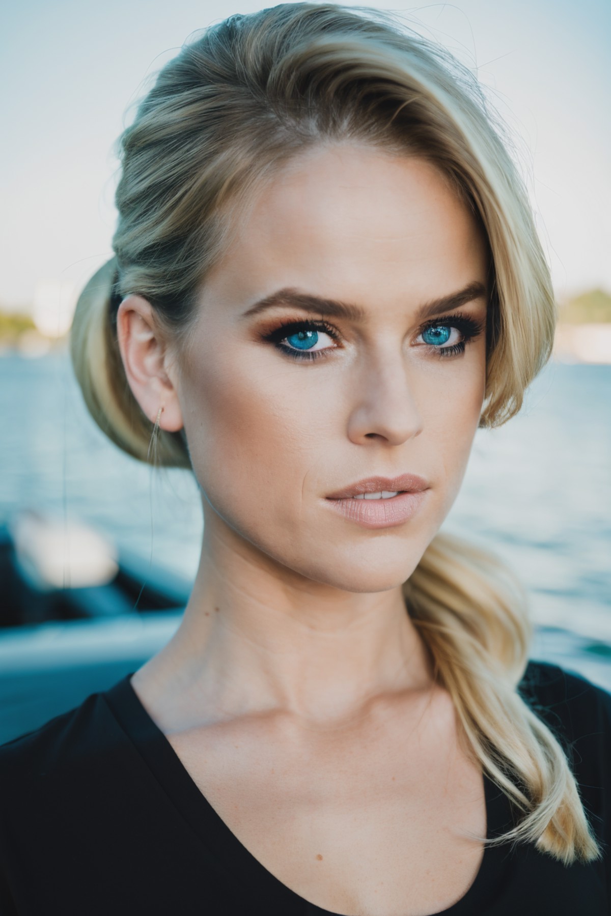 RAW, real photo portrait, aev, on a boat, (wearing  black t-shirt), pretty face, insanely detailed eyes, light blonde hair...
