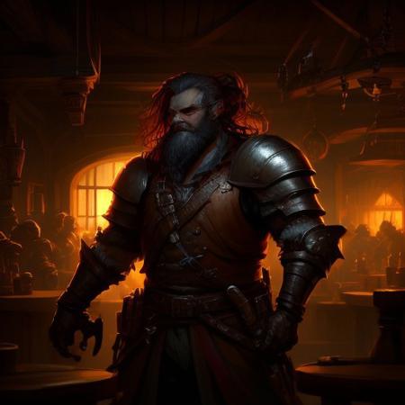 dwarf rogue, long beard, heavily armored, fantasy, epic, in a tavern, holding tankard