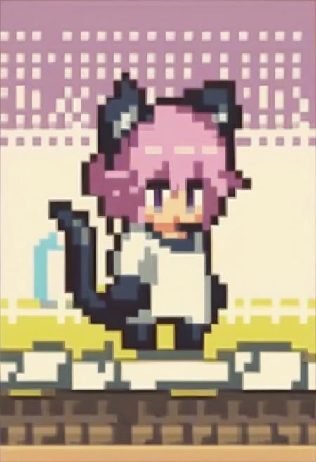 score_9, score_8_up, score_7_up, nia, cat girl, cat tail, chibi, pixel art, full body, outdoors, convenience store