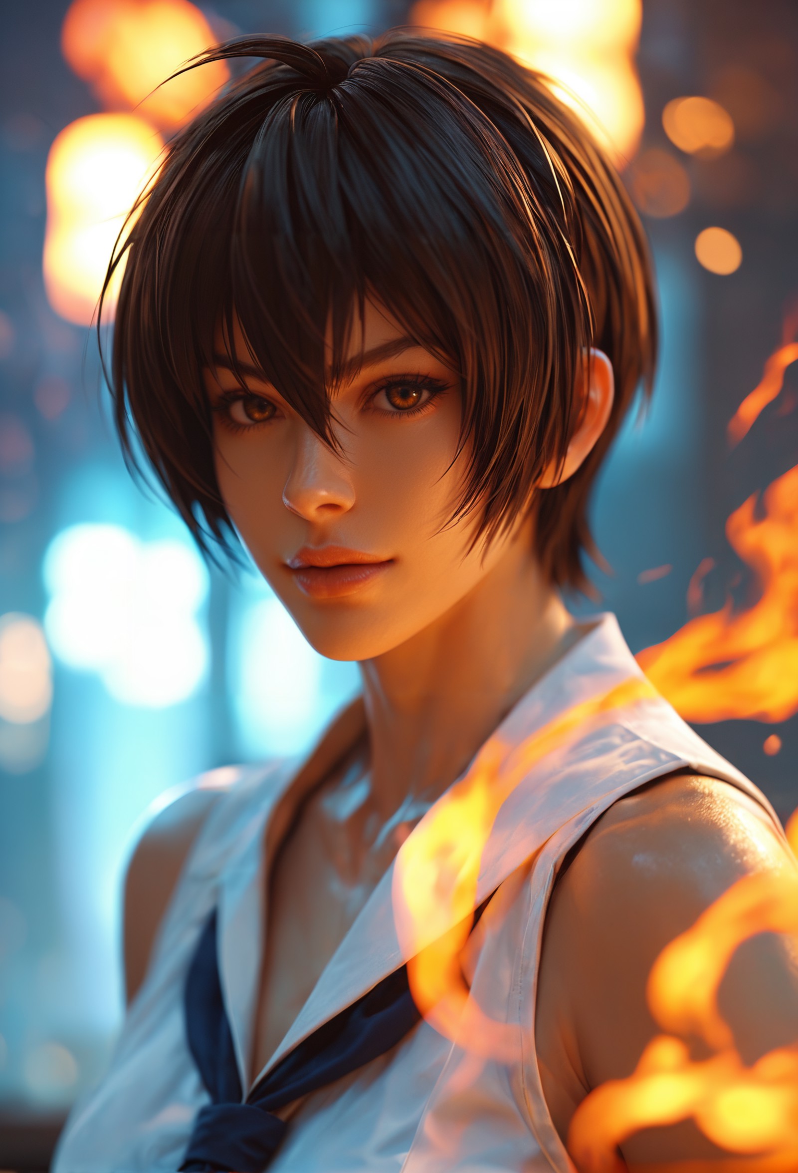score_9, score_8_up, score_7_up, Kyo Kusanagi from "King of Fighters" lights a fire in his hand, his school uniform loosel...