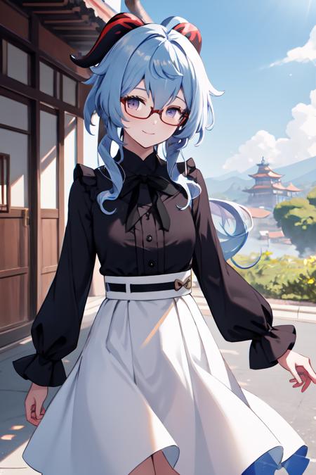 1girl, solo, ganyu \(china merchants bank\) \(genshin impact\), long hair, frilled shirt, black shirt, white skirt, high-waist skirt, black ribbon, semi-rimless eyewear, low ponytail, long sleeves, light smile, closed mouth, 
outdoors, day, sunlight, cowboy shot, landscape,